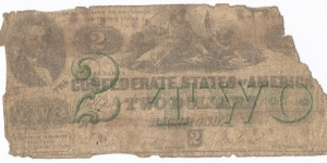 Confederate States of America 2 Dollar with the rare 'anti-counterfeit' green stamp. Only about 110,000 were printed. (Reverse is blank) Banknote