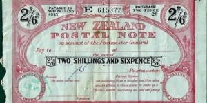 New Zealand 1952 2 Shillings & 6 Pence (1/2 Crown) postal note.

Issued at Levin. Banknote