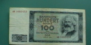 100 MARK from DDR, East Germany.Banknote with Karl Marx and Brandenburger Tor. Banknote