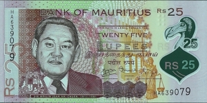 Mauritius 2013 25 Rupees.

The first Mauritian polymer note issue. Banknote