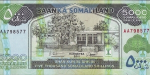 Somaliland 2011 5,000 Shillings.

The highest denomination note that is currently in circulation in Somaliland. Banknote