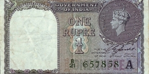 India 1940 1 Rupee.

Green serial number.

Inset letter 'A'. Banknote