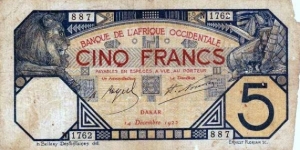 Banque de la Afrique Occidentale.
5 Francs. Dakar 1922 issue.
Poor condition. Banknote