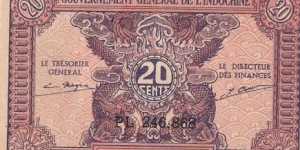 General Government of Indochina; 1942; 20 cents

Part of the Dragon Collection! Banknote