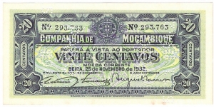 20 Centavos(Companhía de Moçambique / Beira 1933) Banknote