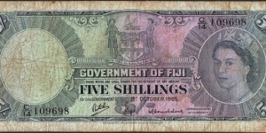 Fiji 1965 5 Shillings.

Printed & cut unevenly. Banknote