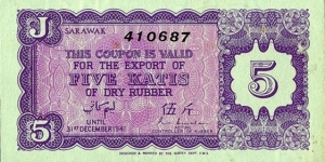 Sarawak N.D. (1941) 5 Katis rubber export coupon. Banknote