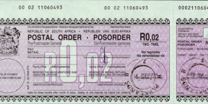South Africa 1993 2 Cents postal order.

Issued at Parklands,Cape Town (Cape Province). Banknote