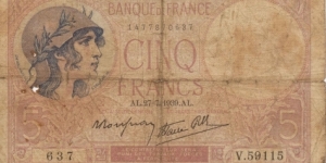 5 Francs 27Jul1939 Banknote