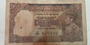 5 Rupee Currency 
Signed by J B Taylor
Over Written Burma
Extremely Rare Currency
Must Have for Collectors Banknote