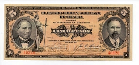 5 Pesos El Estado Libre Y Soberano de Sinaloa Banknote