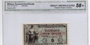 CGA Military Payment Certificate Series 481 5 Cents Banknote