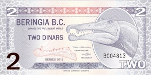 Beringia B.C.; 2 dinars; 2012.  Polymer note.  Private fantasy issue created by Applied Currency Concepts. Banknote