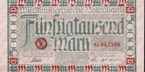 50.000 Marks 
Wurttembergische Notenbank 
Stuttgart  Banknote