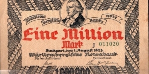 1 Million Marks Wurttembergische Notenbank 
Stuttgart  Banknote