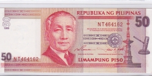 Philippines 50 Pesos NDS

O: Sergio Osmena, red serial, Ramos - Singson

R: Gusali ng Batasan, former House of Congress
 Banknote