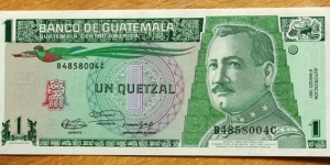 Guatemala | 
1 Quetzal, 1991 | 

Obverse: General José María Orellana, President 1921-1926, who created the Quetzal currency, and Resplendent Quetzal bird | 
Reverse: Leyden Plate, and Bank of Gatemala building | Banknote