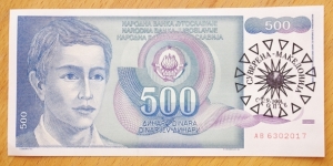 Sovereign Macedonia | 
500 Dinara, 1991 | 

Obverse: Young Yugoslav man, Yugoslav National Coat of Arms and Overprint of the Macedonian sun with country name and new date | 
Reverse: Mountain scene | 
Watermark: Young man | Banknote