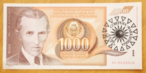 Sovereign Macedonia | 
1,000 Dinara, 1991 | 

Obverse: Nikola Tesla (1856-1943), Yugoslav National Coat of Arms and Overprint of the Macedonian sun with country name and new date | 
Reverse: High frequency transformer | 
Watermark: Portrait of Nikola Tesla | Banknote