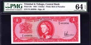 Trinidad & Tobago 1 Dollar 1964 P#26c 64EPQ Banknote