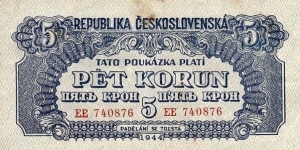 Republika Ceskoslovenska 
5 Korun Banknote