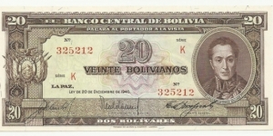 Bolivia 20 Bolivianos 1945 Banknote