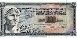 Narodna Banka Jugoslavije - 1000 Dinara Banknote
