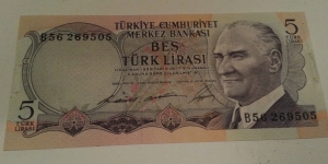 5 lira 1968 circulated bank note, condition best judged by appearance Banknote