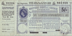 England 1961 5 Shillings postal order.

Issued at Sevenoaks (Kent). Banknote