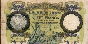 20 Franga__
pk# 13__
New bank
name overprint on pk# 7 Banknote