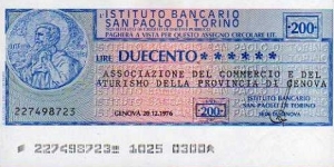 *Emergency Notes __ Local Mini-Check* __ 200 Lire __ pk# NL __ Istituto San Paolo di Torino __ Genova 20.12.1976  Banknote