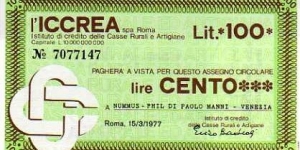 *Emergency Notes __ Local Mini-Check* __ 200 Lire __ pk# NL __ 
ICCREA__
Roma 15.03.1977 Banknote