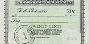 Australian Capital Territory 1966 20 Cents postal note.

Issued at Canberra City. Banknote