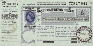 South Africa 1961 5 Cents on 6 Pence postal order.

Issued at Kimberley (Cape Province).

Last day of the Union of South Africa (30th. of May 1961). Banknote