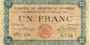 1 Franc__
Chambre de Commerce de Chambery__
pk# NL__
27.07.1916 Banknote