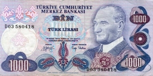 1.000 Türk Lirası__
pk# 191 (2)__
L. 1970__
(1971-1982) Banknote