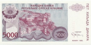 Krajina Serbia BN 5000 Dinara 1993 Banknote