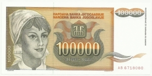 YugoslaviaBN 100000 Dinara 1993 Banknote