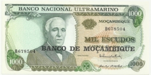 Moçambique 1000 Escudos 1972-overprint Banknote