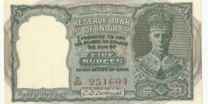 Reserve Bank of India 5 Rupees(1.type) George VI ND(1943) Banknote