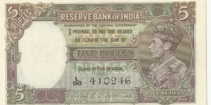 Reserve Bank of India 5 Rupees(2.type) George VI ND(1937) Banknote
