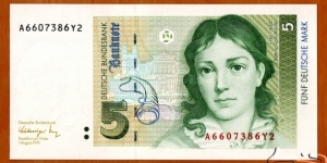 Germany | 
5 Mark, 1991 | 

Obverse: Writer and novelist Bettina von Arnim (1785-1859), Wiepesdorf castle and historic buildings of Berlin, and Horn-cornucopia symbolising the collection of folk songs 