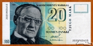 Finland | 
20 Markkaa, 1993 | 

Obverse: Portrait of the author Väinö Linna (1920-1992) | 
Reverse: Tampere street view | 
Watermark: Väinö Linna | Banknote