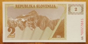 Slovenia | 
2 Tolarja, 1990 | 

Obverse: Triglav mountain (2,864 m.), the highest peak of the Julian Alps | 
Reverse: Knežji Kamen – The Prince's Stone at Klagenfurt Landhaus, and The Carniolan honey bee on an underprint of a honeycomb | 
Watermark: Repeated symmetrical crosses | Banknote