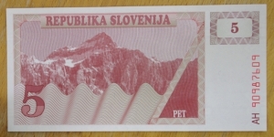 Slovenia | 
5 Tolarjev, 1990 | 

Obverse: Triglav mountain (2,864 m.), the highest peak of the Julian Alps | 
Reverse: Knežji Kamen – The Prince's Stone at Klagenfurt Landhaus, and The Carniolan honey bee on an underprint of a honeycomb | 
Watermark: Repeated symmetrical crosses | Banknote