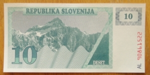 Slovenia | 
10 Tolarjev, 1990 | 

Obverse: Triglav mountain (2,864 m.), the highest peak of the Julian Alps | 
Reverse: Knežji Kamen – The Prince's Stone at Klagenfurt Landhaus, and The Carniolan honey bee on an underprint of a honeycomb | 
Watermark: Repeated symmetrical crosses | Banknote