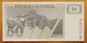 Slovenia | 
50 Tolarjev, 1990 | 

Obverse: Triglav mountain (2,864 m.), the highest peak of the Julian Alps | 
Reverse: Knežji Kamen – The Prince's Stone at Klagenfurt Landhaus, and The Carniolan honey bee on an underprint of a honeycomb | 
Watermark: Repeated symmetrical crosses | Banknote