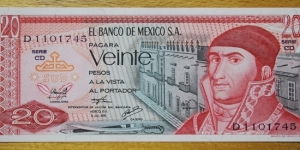 Mexico | 
20 Pesos, 1976 | 

Obverse: José María Morelos y Pavón | 
Reverse: Quetzalcoatl (Teotihuacan) pyramid | Banknote