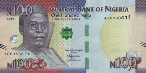 Nigeria 2014 100 Naira.

Centenary of Nigeria. Banknote
