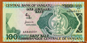 Vanuatu | 
100 Vatu, 1982 | 

Obverse: National Coat of Arms | 
Reverse: Cattle among palm trees | 
Watermark: Melansian warrior |  Banknote